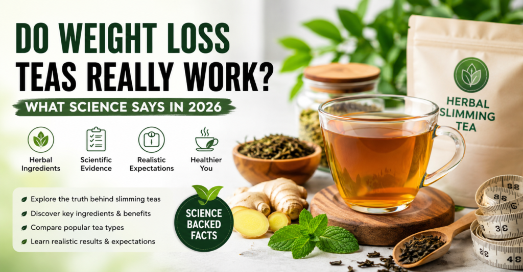 Do weight loss teas really work infographic with herbal slimming tea and natural wellness ingredients